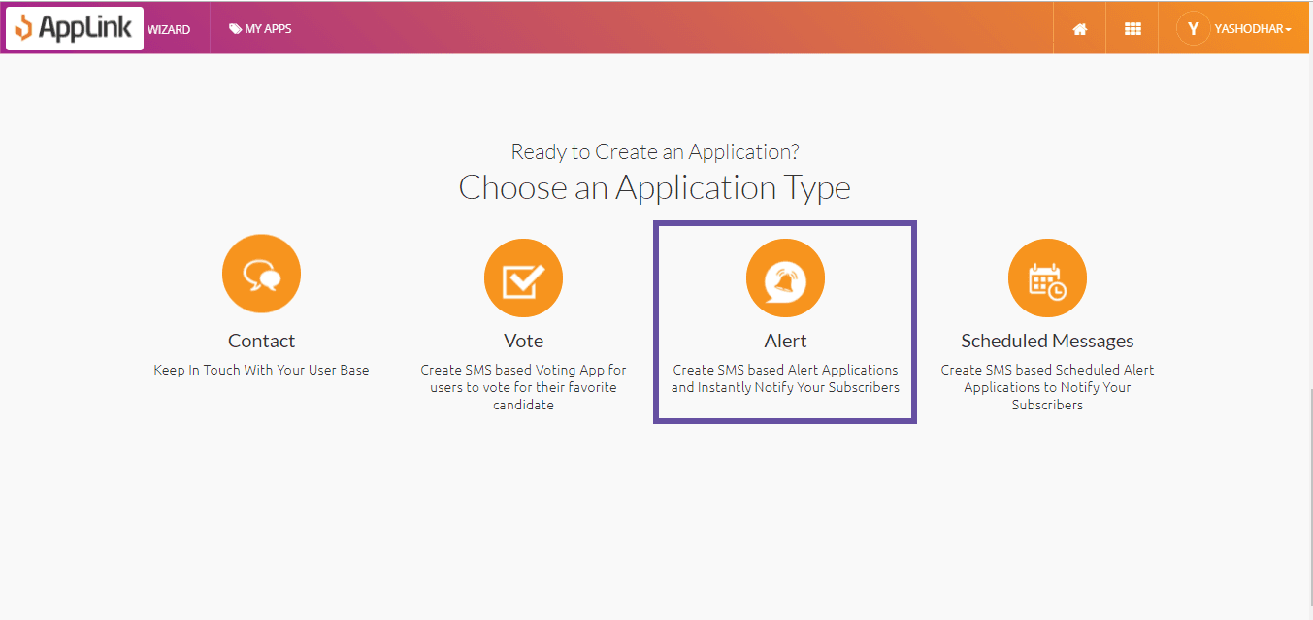 Screenshot of step 1: Select the Alert application pattern.