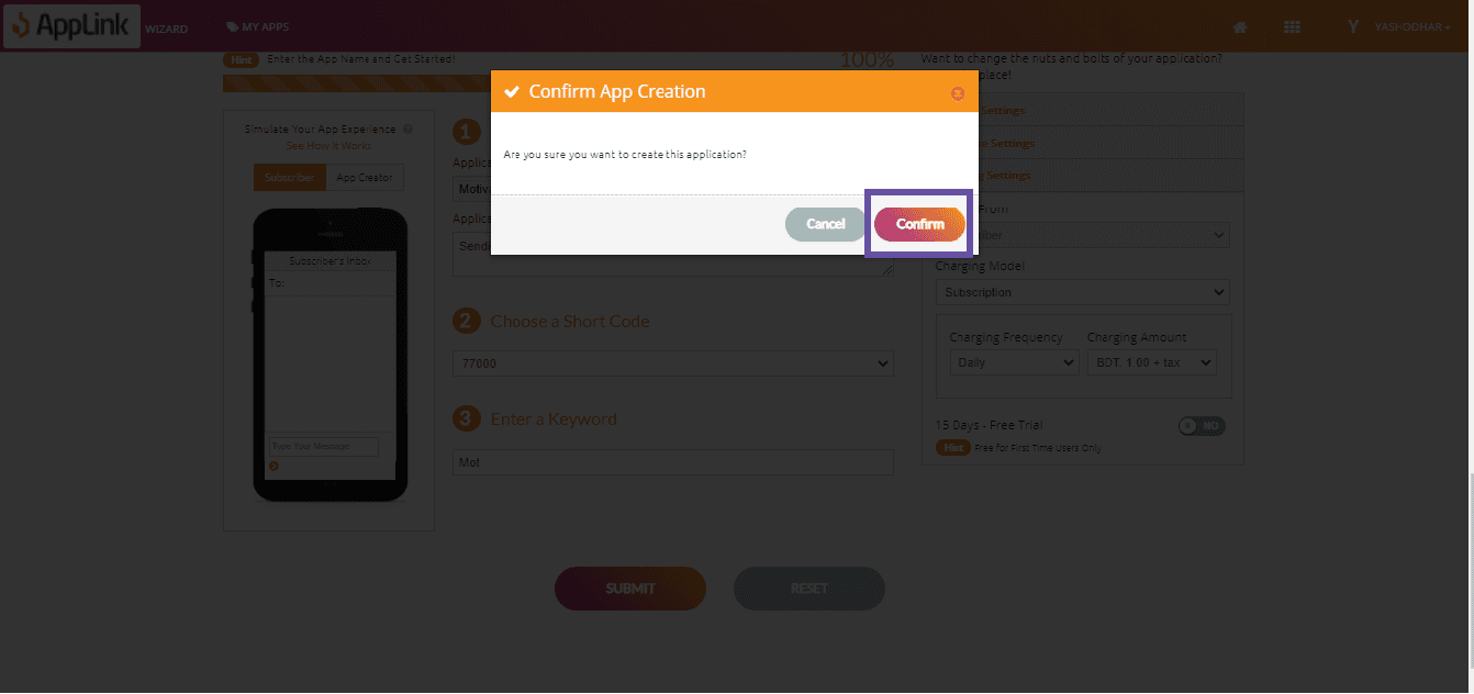 Screenshot of step 6: Confirm your application creation.