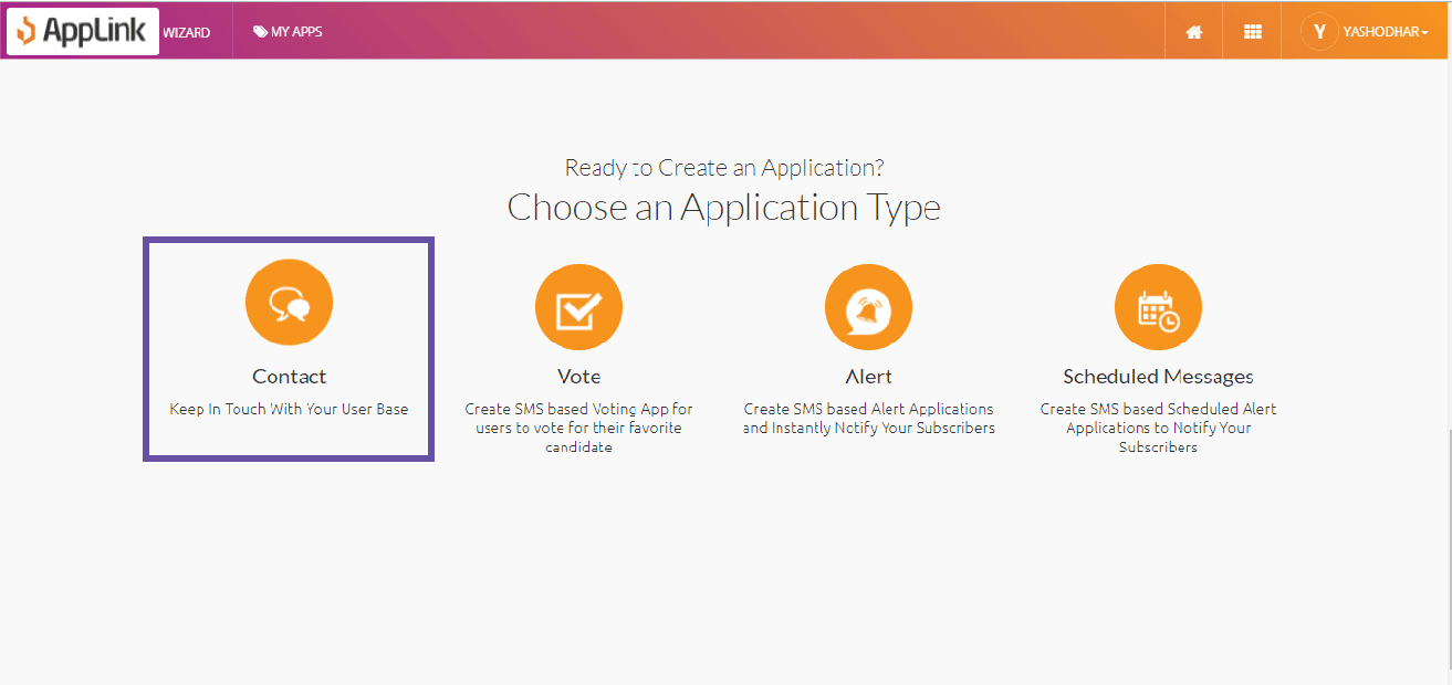 Screenshot of step 1: Select the Contact application pattern.