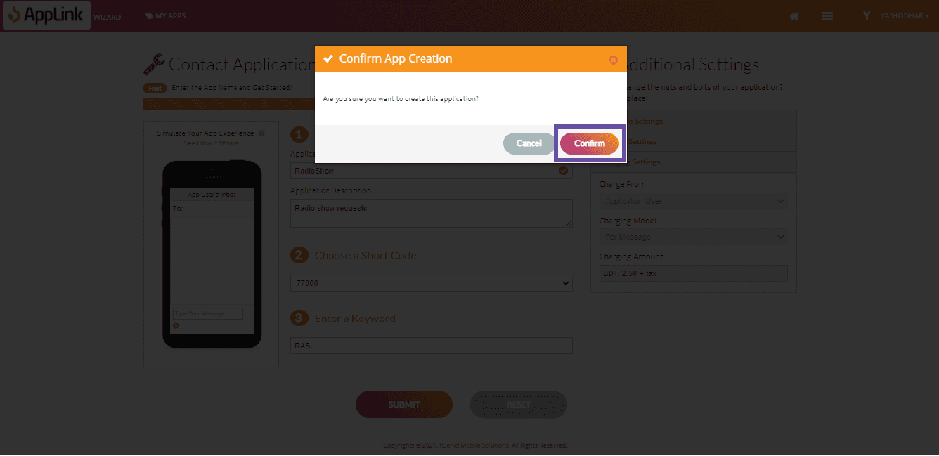 Screenshot of step 6: Confirm your application creation.