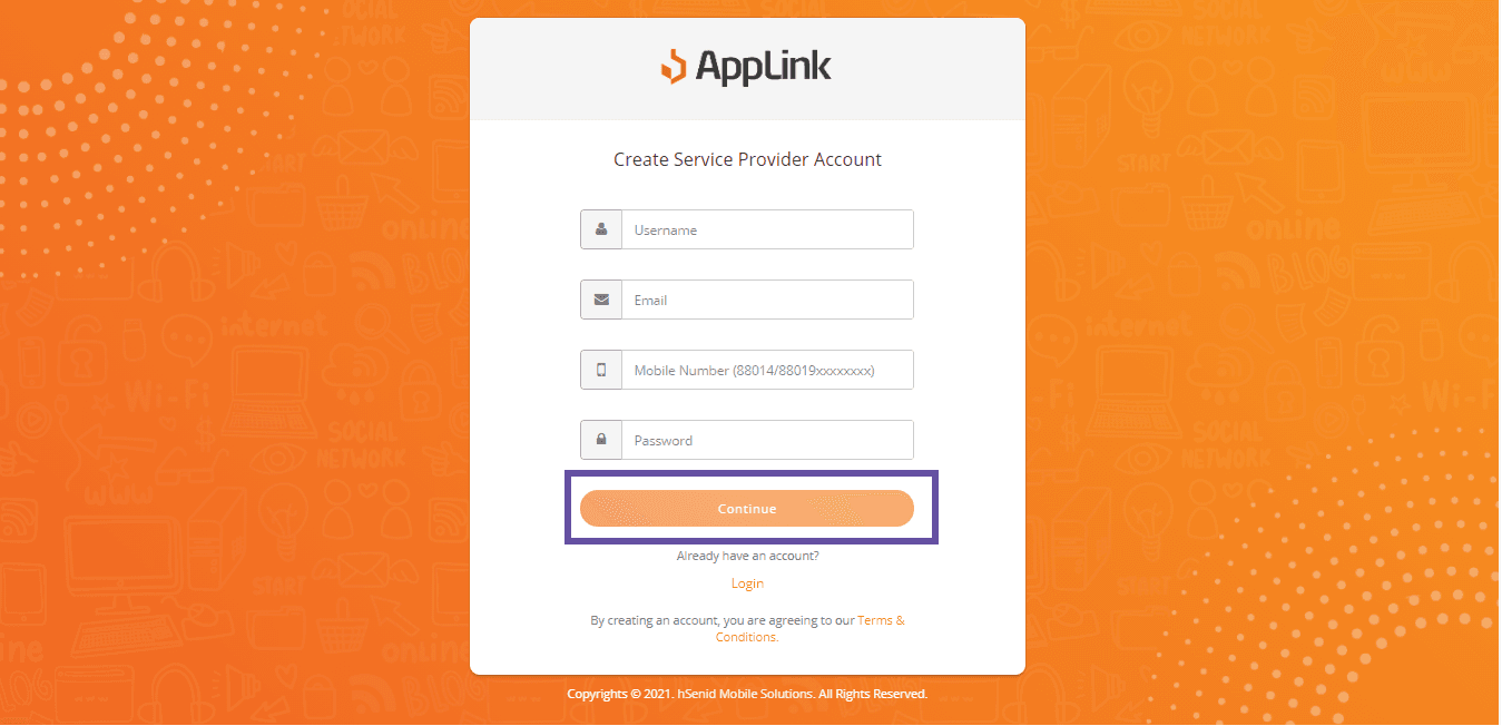 Screenshot of step 3: Fill in the username, email address, mobile number and password fields, then click Continue.