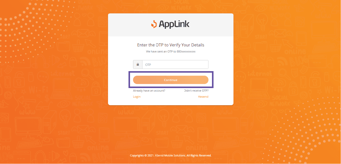 Screenshot of step 4: Type in the OTP sent to your mobile number and click Continue.