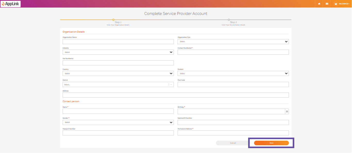Screenshot of step 7: Fill in your organisation details and click Next.