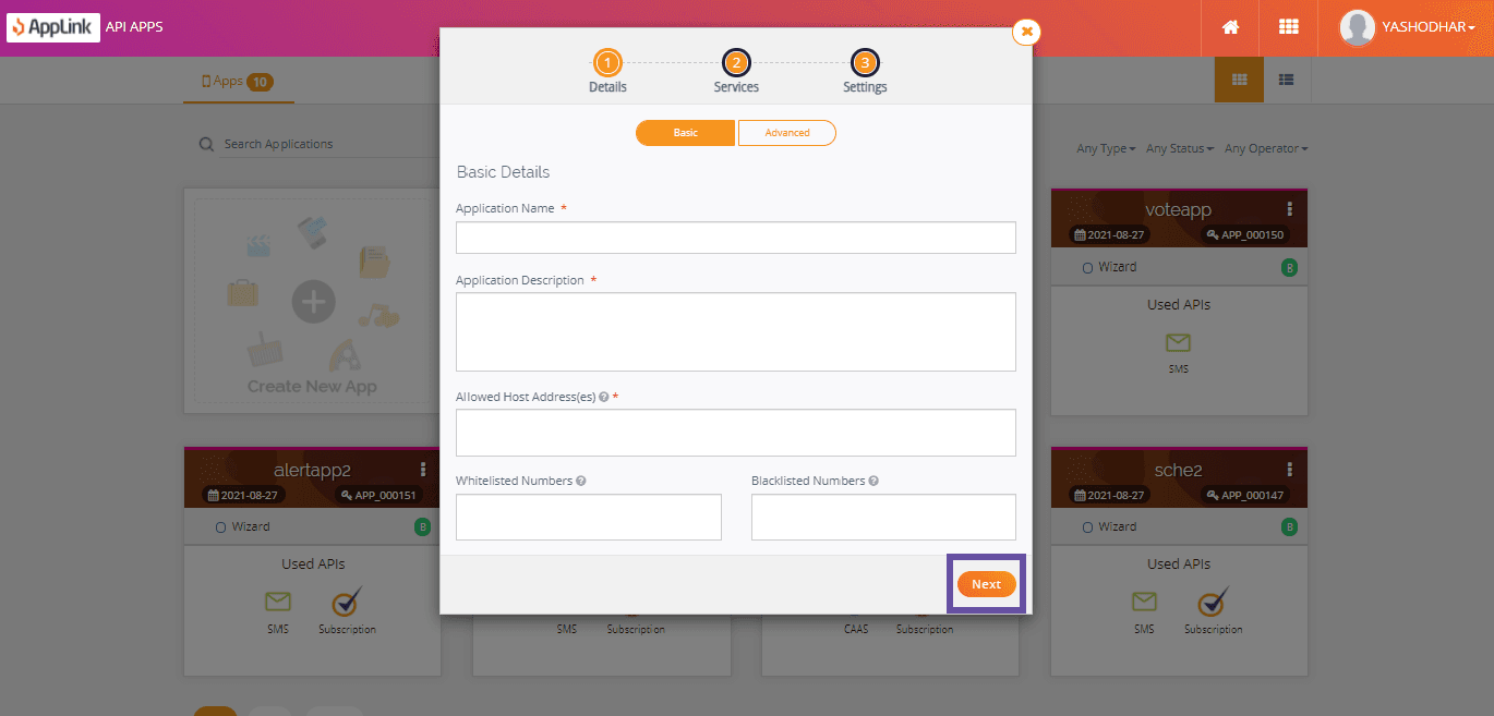 Screenshot of step 3: Fill in the basic application details and click Next.