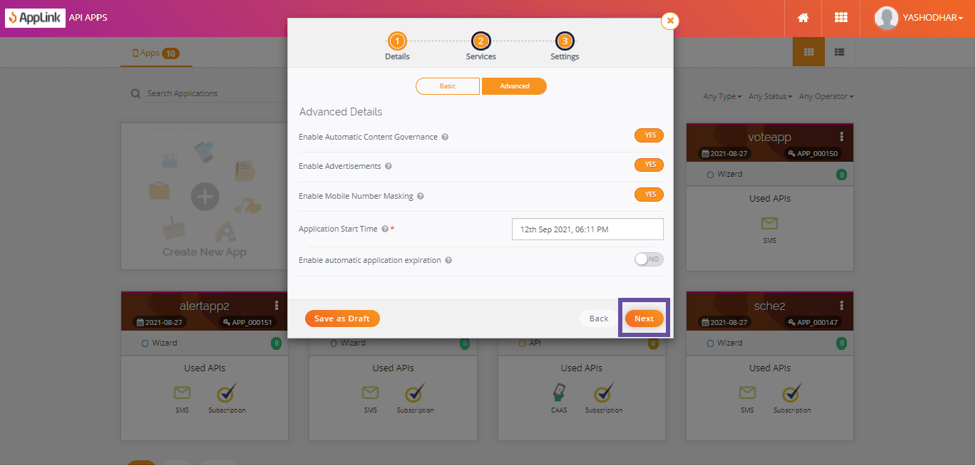 Screenshot of step 4: Fill in the advanced application details and click Next.