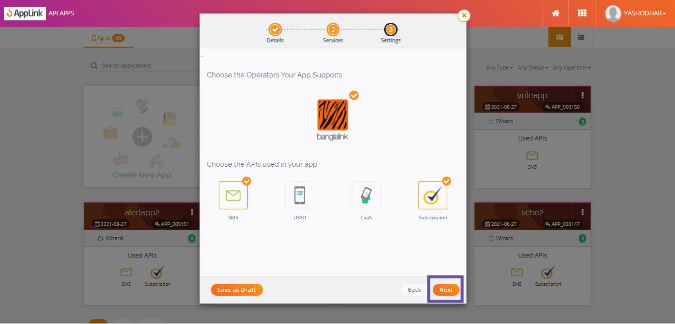 Screenshot of step 5: Select the APIs your application will use and click Next.