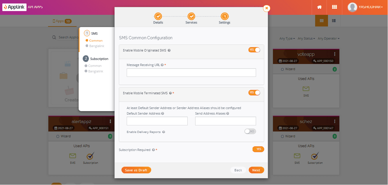 Screenshot of step 6: Fill in the SMS common configuration details and click Next.