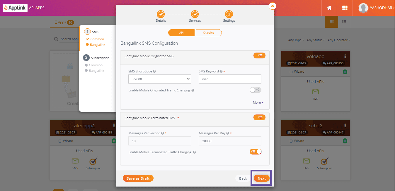 Screenshot of step 7: Fill in the SMS configuration details and click Next.