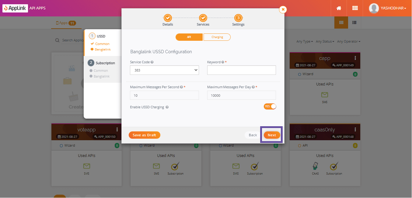 Screenshot of step 10: Fill in the USSD configuration details and click Next.