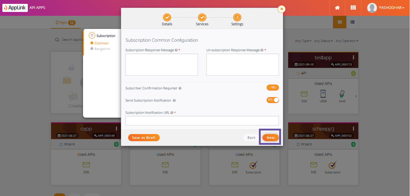 Screenshot of step 12: Fill in the Subscription common configuration details and click Next.