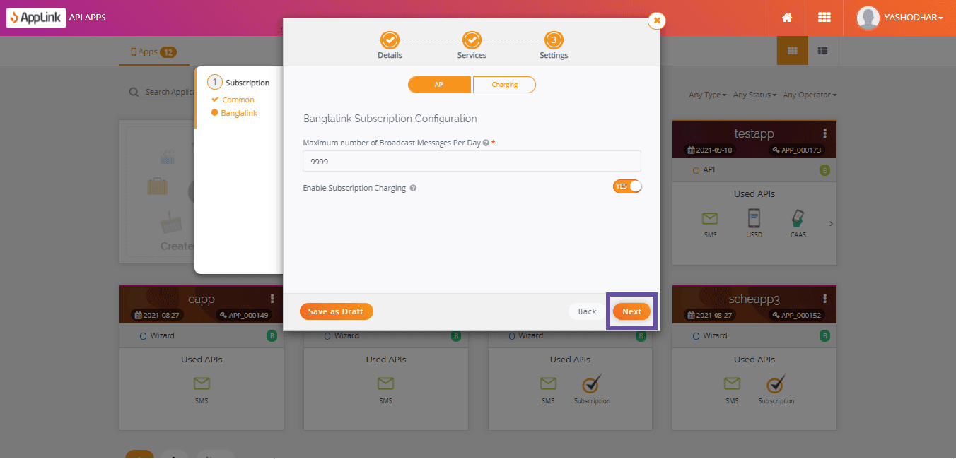 Screenshot of step 13: Fill in the Subscription configuration details and click Next.