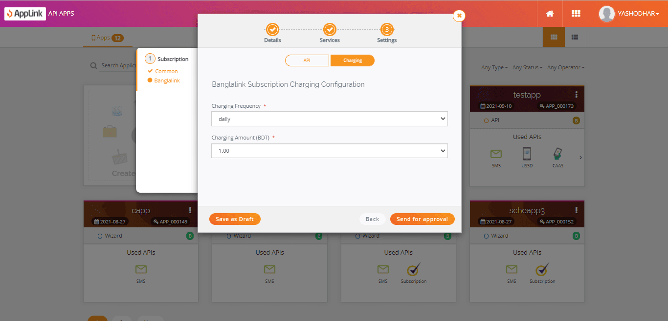 Screenshot of step 14: Fill in the Subscription charging details.