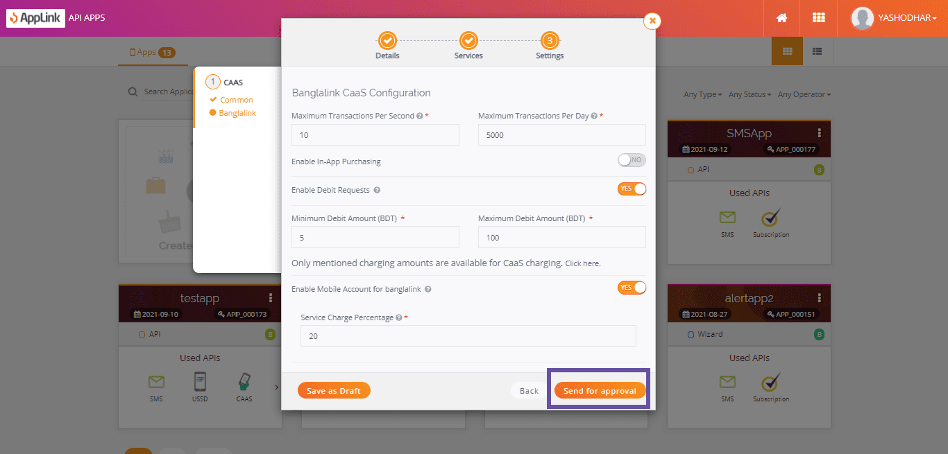 Screenshot of step 16: Fill in the CaaS configuration details and send the application for approval.
