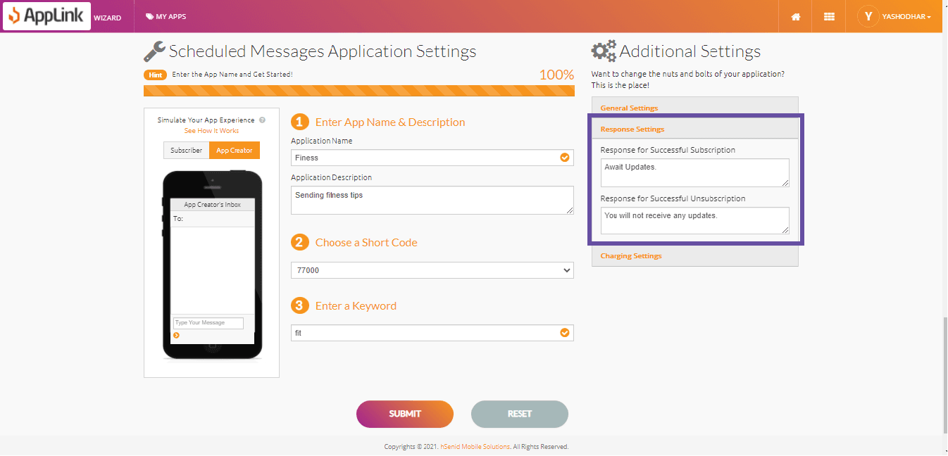 Screenshot of step 4: Fill in the response settings.