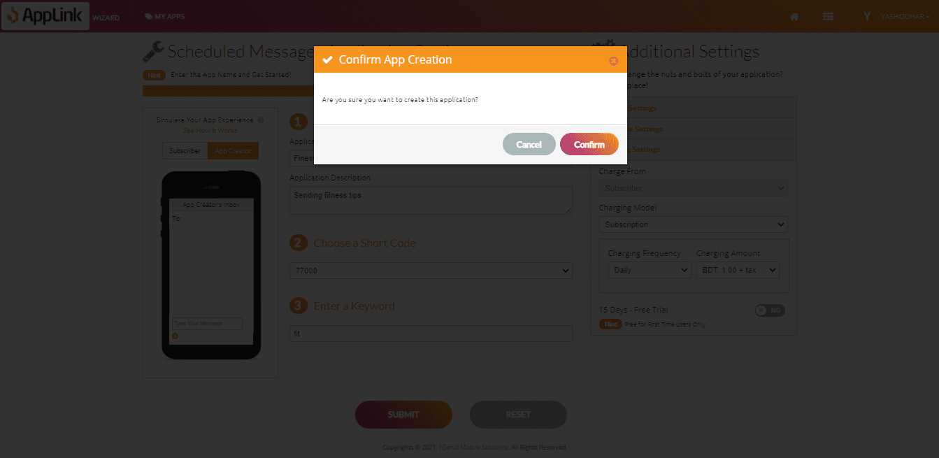 Screenshot of step 6: Confirm your application creation.